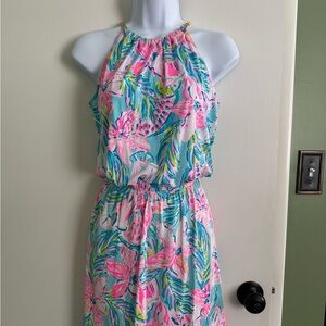 Like New Lilly Pulitzer Tropical Halter Skort with Pink and Blue Floral Print.